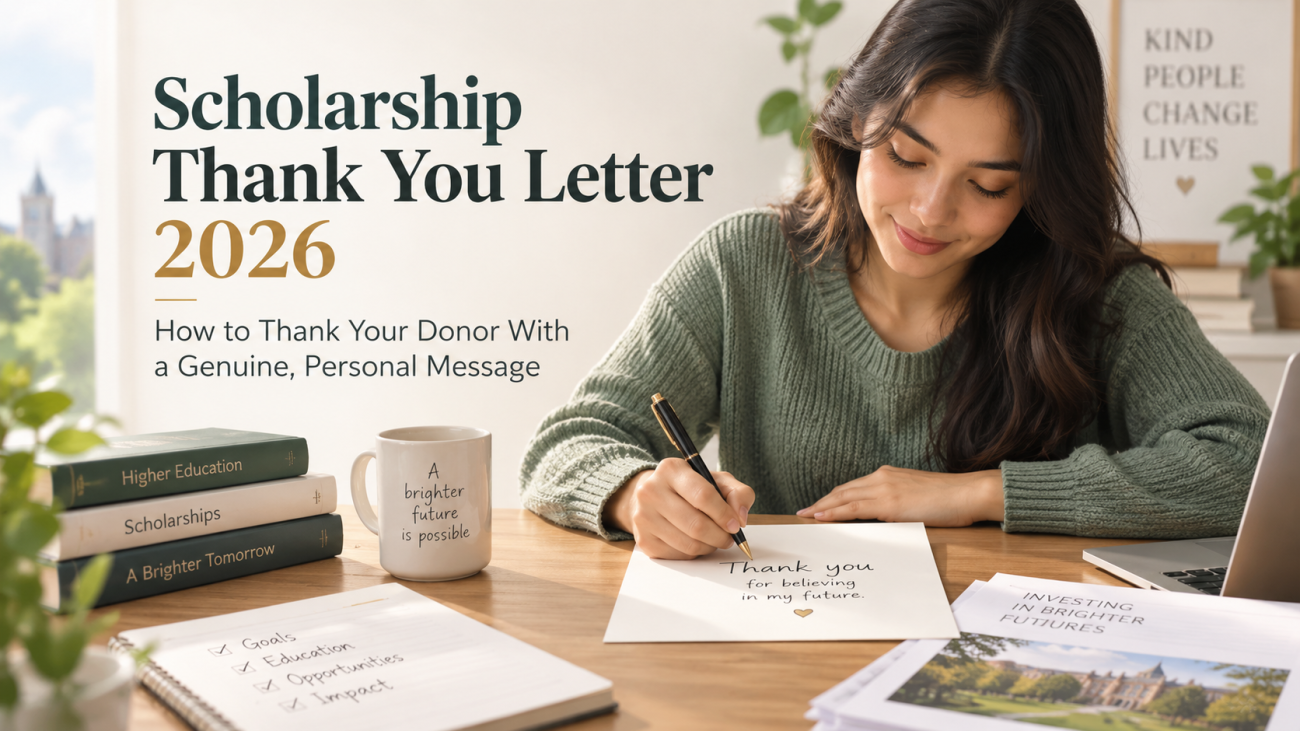 Student writing a scholarship thank you letter in 2026